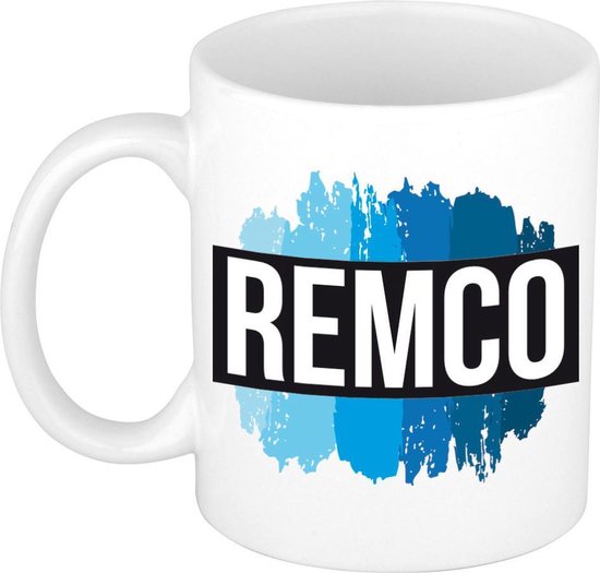 Remco naam cadeau koffie mok - beker - met blauw verfstrepen - Cadeau collega - vaderdag - verjaardag - meester - coach - 300 ml - wit