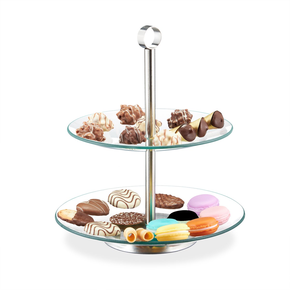 glazen etagère - 2 laags - rond - glas - rvs - serveertoren - transparant/zilver