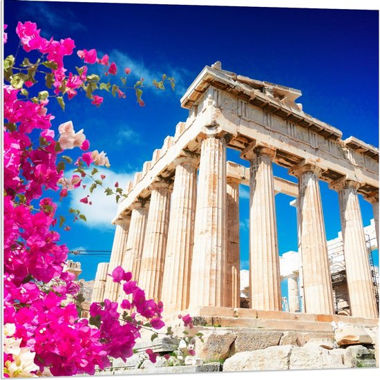 Forex - Parthenon in Athene met Bloesembloemen - 80x80cm Foto op Forex