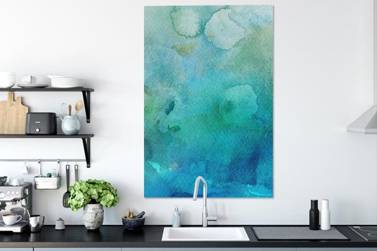 Oeuvre abstraite réalisée à l'aquarelle et aux couleurs bleues et vertes 90x140 cm - Tirage photo sur toile (Décoration murale salon / chambre)