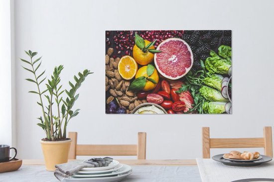 Divers fruits étalés sur une toile de table 2cm 60x40 cm - Tirage photo sur toile (Décoration murale salon / chambre)