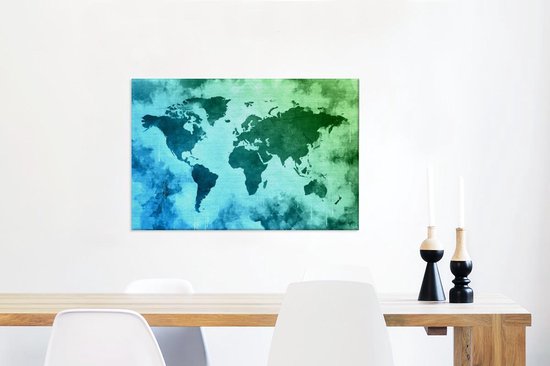 Wereldkaart avec peinture bleue qui passe au vert sur fond avec motif texturé 60x40 cm