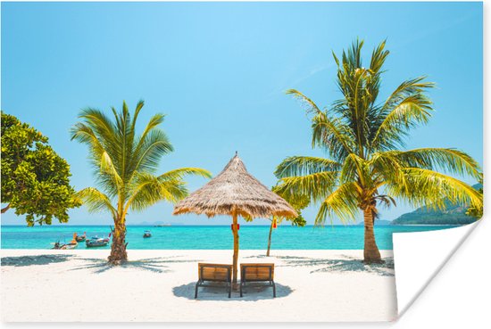 Poster Strand met palmbomen en strandstoelen
