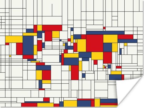 Wereldkaart mondriaan-origineel poster | Wereldkaart Poster 80x60 cm