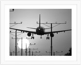 Foto in frame , Landend Vliegtuig ​, 3 maten , Zwart wit  , Premium print
