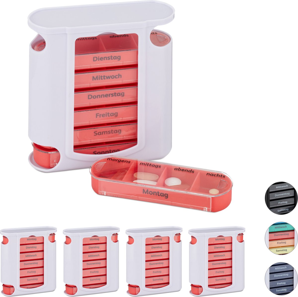Goedkoopste 5x pillendoos 7 dagen wit-rood - 4 vakken - medicijndoosje - pillendoosje