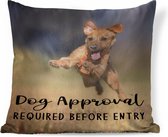 Sierkussen - Honden Quote 'dog Approval Requird Before Entry' Achtergrond Met Een Spelende Hond