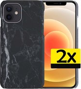 Hoes voor iPhone 12 Hoesje Marmer Case Zwart Hard Cover - Hoes voor iPhone 12 Case Marmer Hoesje Back Cover Zwart - 2 Stuks