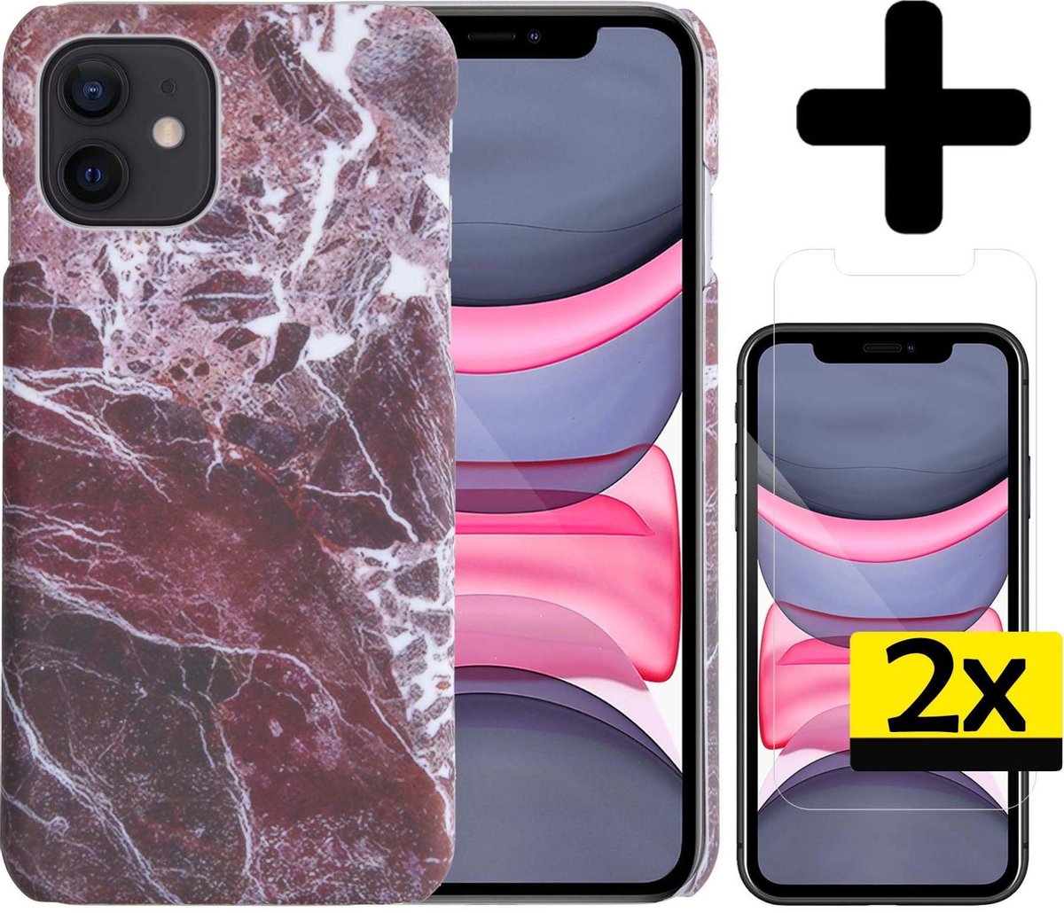 Hoes voor iPhone 11 Hoesje Marmer Case Rood Hard Cover Met 2x Screenprotector - Hoes voor iPhone 11 Case Marmer Hoesje Met 2x Screenprotector - Rood