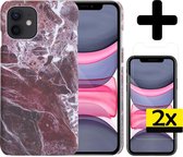 Hoesje Geschikt voor iPhone 11 Hoesje Marmer Case Hard Cover Met 2x Screenprotector - Hoes Geschikt voor iPhone 11 Case Marmer Hoesje Backcover - Rood