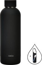 ZaCia Drinkfles Zwart incl. Drinkfleshoes en Schoonmaakspons - Thermosfles Waterfles - Roestvrij Staal RVS - 500ML