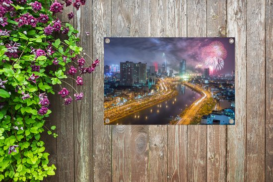 Fireworks over Ho Chi Minh City in Vietnam Garden poster 90x60 cm - Toile de jardin / Toile d'extérieur / Peintures d'extérieur (décoration de jardin)