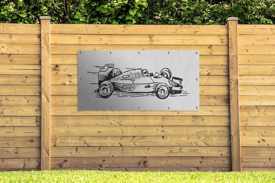 Une illustration noir et blanc de l'affiche de jardin de la voiture de course de Formule 1 160x80 cm - Toile de jardin / Toile d'extérieur / Peintures d'extérieur (décoration de jardin)