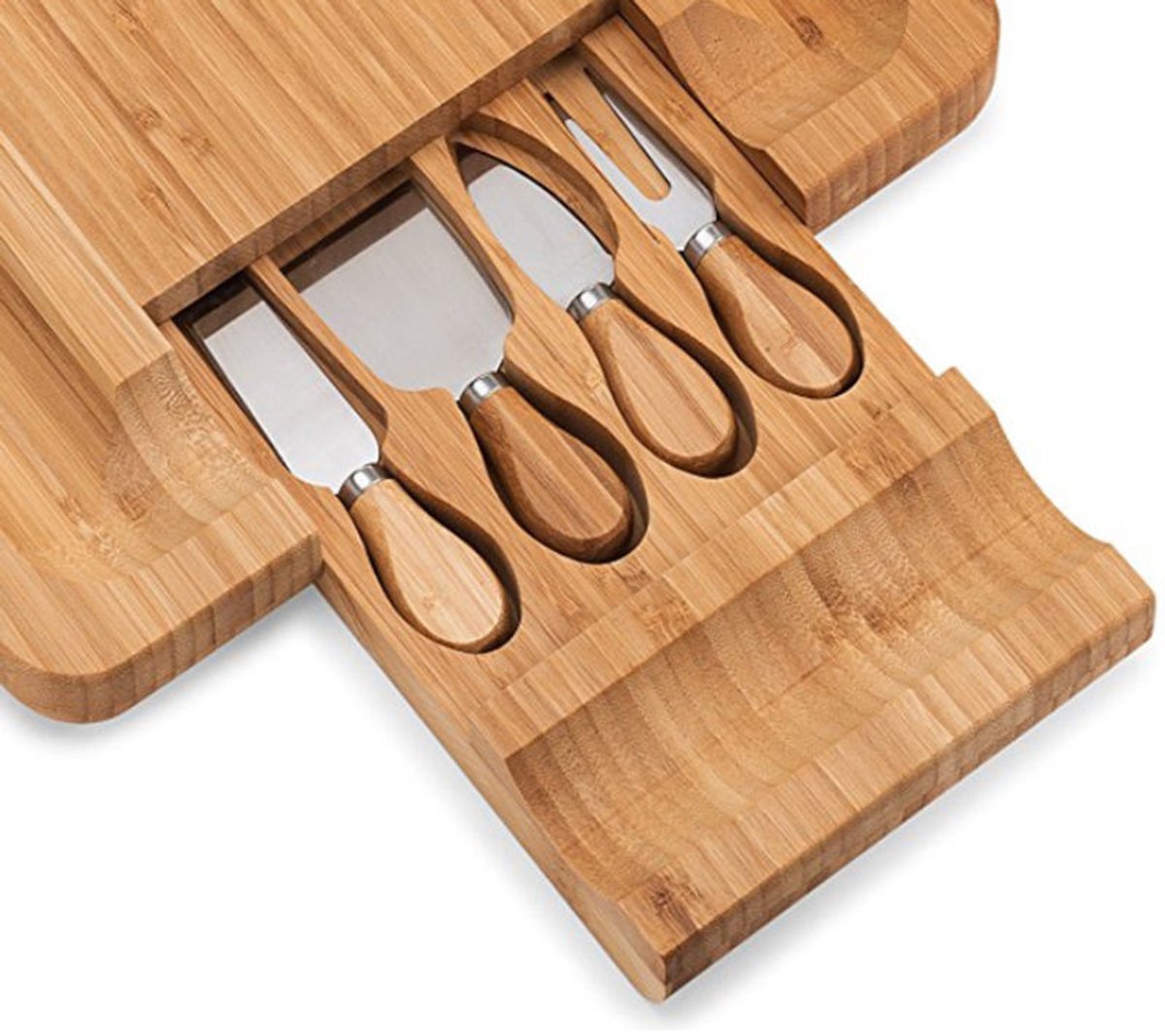 Bamboe Kaasplank met Lade & Inclusief 4 Kaas messen - Kaas plankje - Serveerplank hout - Serveerplank voor kaas — cadeau in Kookcadeaus - foto 4