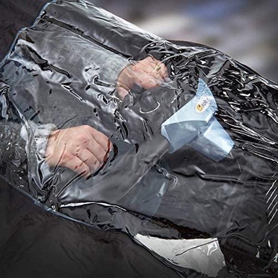 Gedetailleerd beeld van handen onder een doorzichtige plastic hoes.