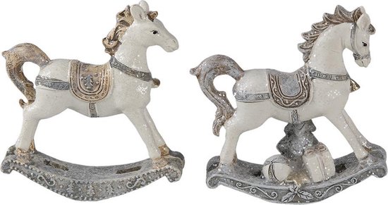 Clayre & Eef Beeld Set van 2 Paard 8 cm Wit Polyresin Kerstdecoratie