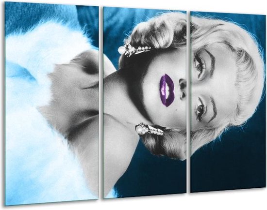 GroepArt - Schilderij -  Marilyn Monroe - Grijs, Blauw, Paars - 120x80cm 3Luik - 6000+ Schilderijen 0p Canvas Art Collectie