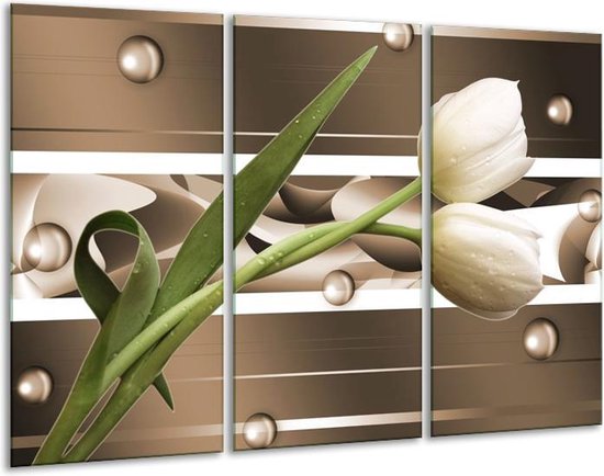 Glasschilderij Tulp - Bruin, Groen, Wit - 120x80cm 3Luik - Foto Op Glas - Geen Acrylglas Schilderij - GroepArt 6000+ Glas Art Collectie - Maatwerk Mogelijk