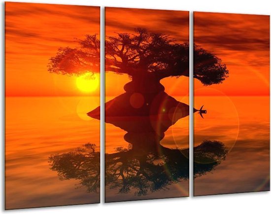 Glasschilderij Spiegeling - Oranje, Geel, Bruin - 120x80cm 3Luik - Foto Op Glas - Geen Acrylglas Schilderij - GroepArt 6000+ Glas Art Collectie - Maatwerk Mogelijk