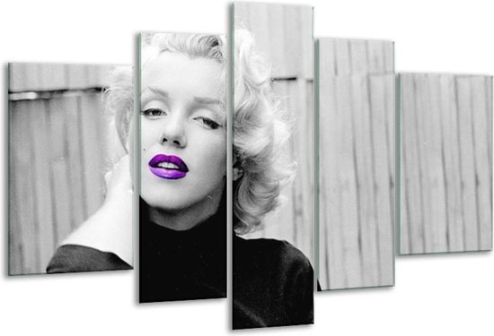 Glasschilderij Marilyn Monroe, Muziek - Grijs, Paars, Zwart - 170x100cm 5Luik - Foto Op Glas - Geen Acrylglas Schilderij - 6000+ Glasschilderijen Collectie - Wanddecoratie