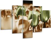 Glasschilderij -  Tulpen - Bruin, Groen, Wit - 100x70cm 5Luik - Geen Acrylglas Schilderij - GroepArt 6000+ Glasschilderijen Collectie - Wanddecoratie- Foto Op Glas