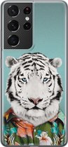 Samsung Galaxy S21 Ultra hoesje siliconen - Witte tijger - Soft Case Telefoonhoesje - Print / Illustratie - Blauw