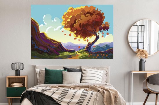 Une illustration d'un grand arbre avec un fond coloré poster 180x120 cm - Tirage photo sur Poster (décoration murale salon / chambre) / Poster Arbres XXL / Groot format!