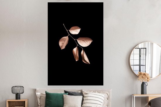 Branche aux feuilles rose or sur fond noir 120x180 cm XXL / Groot format!