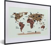 Wereldkaart Kinderen - Dieren - Bruin - Schoolplaat - Kinderkamer - 40x30 cm