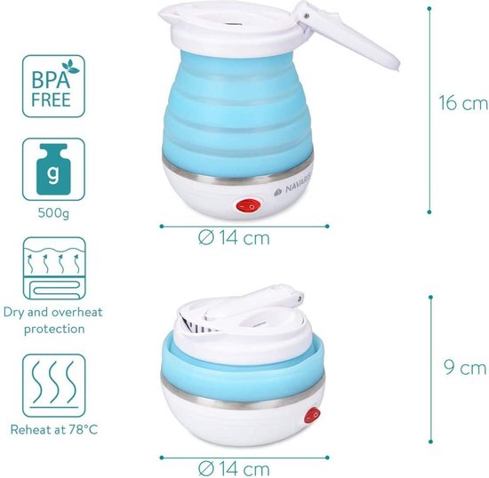 Bouilloire de voyage Navaris BPA, 750W, 0,6 litres, électrique, pliable, en  inox, protection contre ébullition