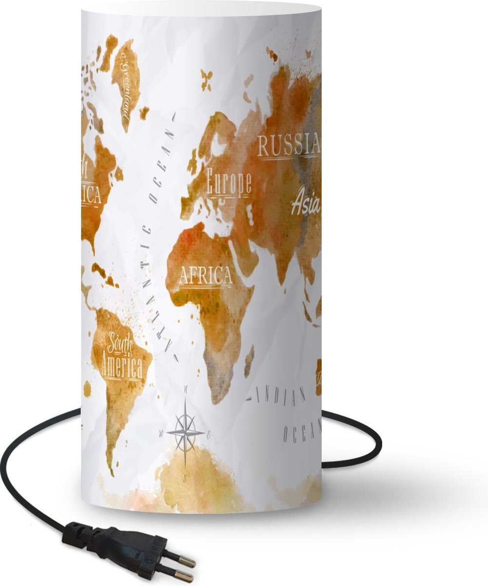 Lamp - Nachtlampje - Tafellamp slaapkamer - Wereldkaart - Bruin - Verf - 33 cm hoog - Ø15.9 cm - Inclusief LED lamp