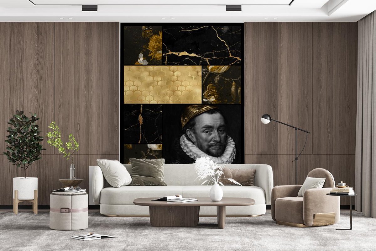 Behang - Fotobehang Collage - Bladgoud - Marmer - Kunst - Breedte 195 cm x hoogte 300 cm
