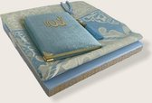 Fluwelen Yasin Mushaf boekje met gebedskleed en Tasbeeh Blauw