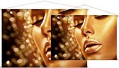 CloseUp van Gouden vrouw op zwarte achtergrond,  - Foto op Textielposter - 90 x 60 cm