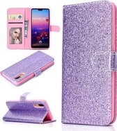 Voor Samsung Galaxy A02 (EU-versie) Glitterpoeder Horizontale lederen flip-hoes met kaartsleuven en houder & fotolijst en portemonnee (paars)