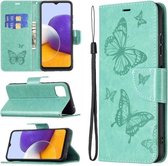 Voor Samsung Galaxy A22 5G Embossing Twee Vlinders Patroon Horizontale Flip PU Lederen Case met Houder & Kaartsleuf & Portemonnee & Lanyard (Groen)