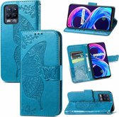 Voor Realme V13 5G/8 5G/Q3i 5G/Q3 5G Vlinder Liefde Bloemen Reliëf Horizontale Flip Lederen Case met Houder & Kaartsleuven & Portemonnee & Lanyard (Blauw)