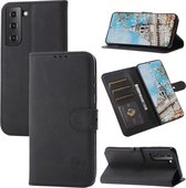 Voor Samsung Galaxy S21 FE Reliëf Gelukkig Kat Patroon Horizontale Flip Lederen Case met Houder & Kaartsleuven & Portemonnee (Zwart)