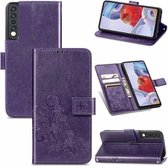 Voor LG Stylo 7 4G Vier-blad Sluiting Reliëf Gesp Mobiele Telefoon Bescherming Lederen Case met Lanyard & Card Slot & Portemonnee & Beugel Functie (Paars)