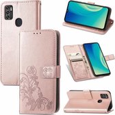 Voor ZTE A7S 2020 vierbladige gesp reliëf gesp mobiele telefoon bescherming lederen tas met lanyard & kaartsleuf & portemonnee & beugel functie (rose goud)