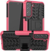 Voor Samsung Galaxy S21 FE Bandtextuur Schokbestendig TPU + pc-beschermhoes met houder (roze)