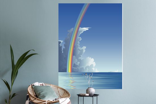 Sticker Muursticker Illustration arc-en-ciel - illustration arc-en-ciel au dessus de la mer - 90x120 cm - film adhésif autocollant - sticker mural repositionnable