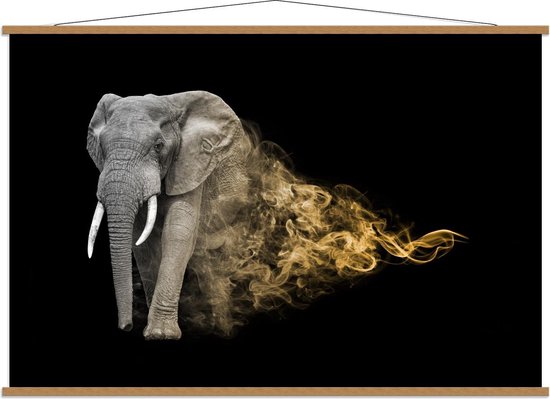 Schoolplaat – Zwart Wit Foto met Gouden Rook bij Olifant - 150x100cm Foto op Textielposter (Wanddecoratie op Schoolplaat)