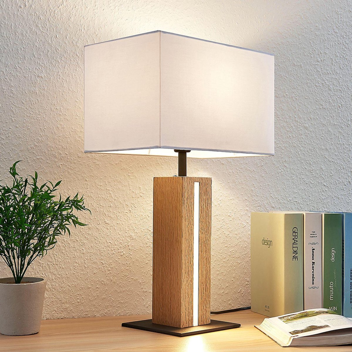 Lindby - Tafellamp- met dimmer - 1licht - stof, hout, metaal - H: 52.5 cm - wit, helder eik,