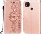 Voor Xiaomi Redmi 9C Flower Vine Embossing Pattern Horizontale Flip Leather Case met Card Slot & Holder & Wallet & Lanyard (Rose Gold)