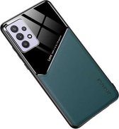 Voor Samsung Galaxy A32 All-inclusive lederen + organische glazen beschermhoes met metalen ijzeren plaat (donkergroen)