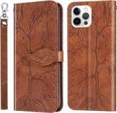 Life of Tree Embossing Pattern Horizontale flip lederen hoes met houder & kaartsleuf & portemonnee & fotolijst & lanyard voor iPhone 12 Pro Max (bruin)
