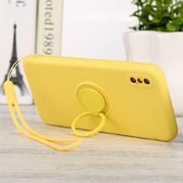 Voor iPhone X / XS effen kleur vloeibare siliconen schokbestendige volledige dekking beschermhoes met ringhouder en lanyard (geel)