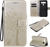 Voor LG K61 Tree & Cat Reliëfpatroon Horizontale Flip Leren Case met Houder & Kaartsleuven & Portemonnee & Lanyard (Goud)