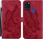 Voor Samsung Galaxy A21s Retro Skin Feel Butterflies Embossing Horizontale Flip Leather Case met houder & kaartsleuven & portemonnee (rood)